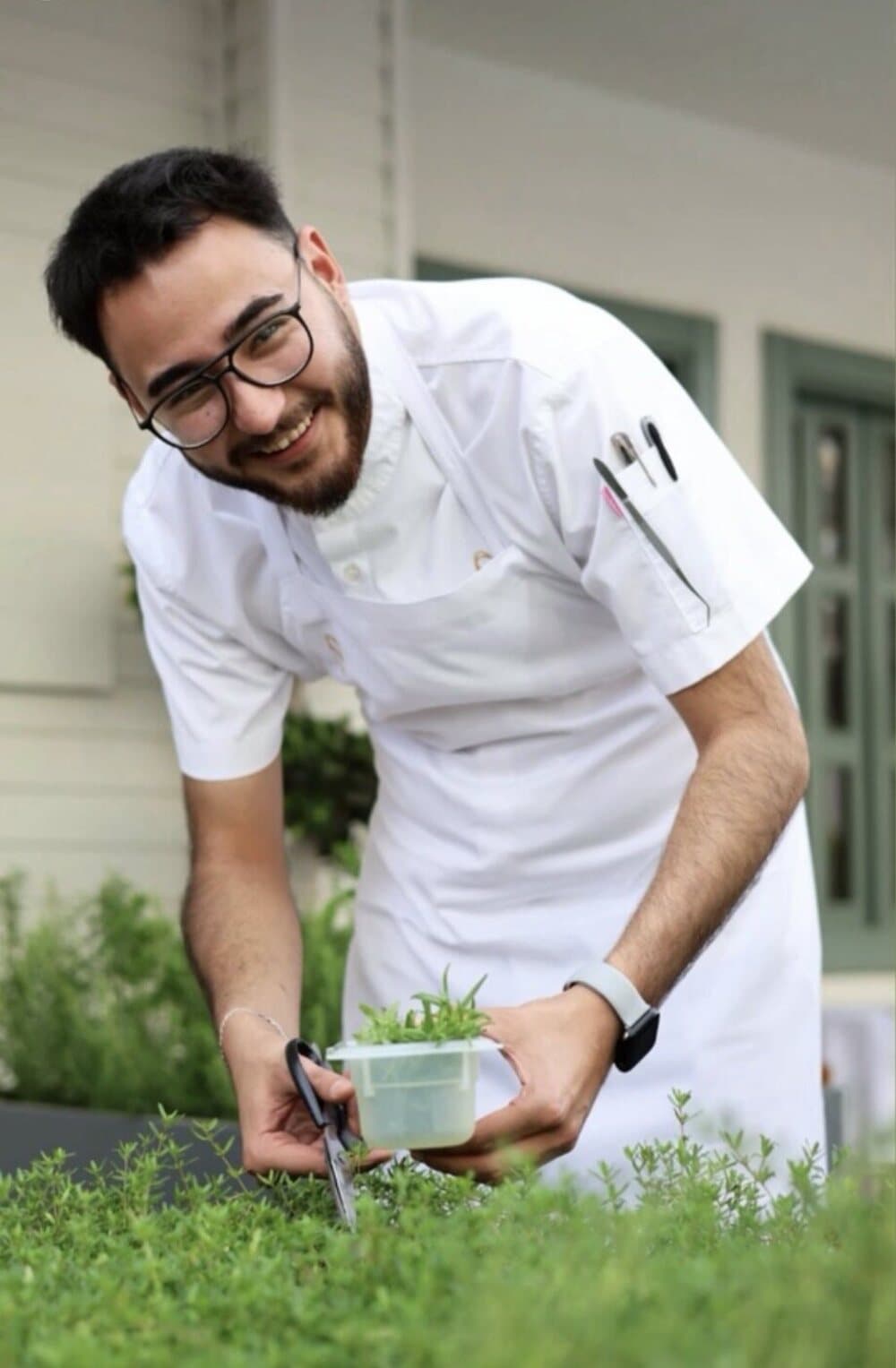 Chef Berkay Afacan cutting fresh thyme.